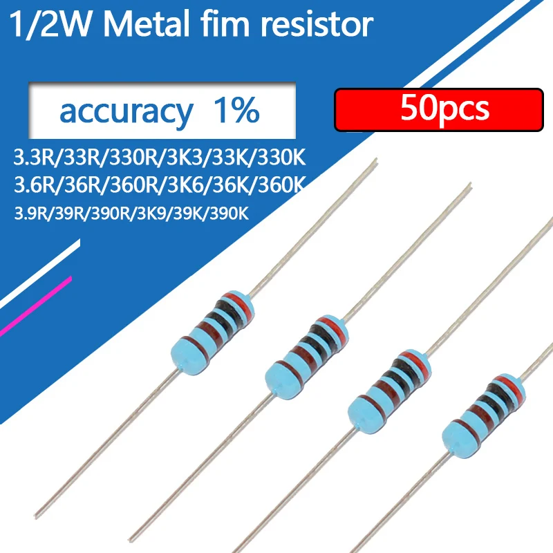 50pcs 1/2W метален филмов резистор 3.3 3.6 3.9 33 36 39 330 360 390 R K Ohm 1% 0.5W Петцветен пръстен 3K3 3K6 3K9 съпротивление 3R3 3R9 Изображение 0