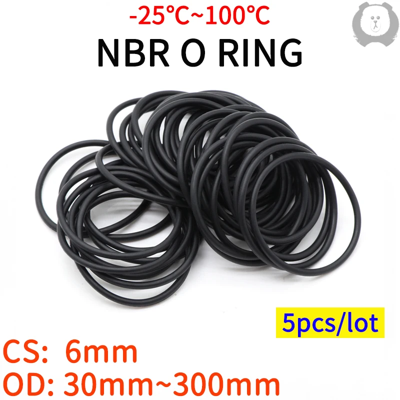 5pcs NBR O пръстен уплътнител уплътнител дебелина CS 6mm OD 30 ~ 300mm нитрил бутадиен каучук дистанционер масло съпротива шайба кръгла форма черен Изображение 0