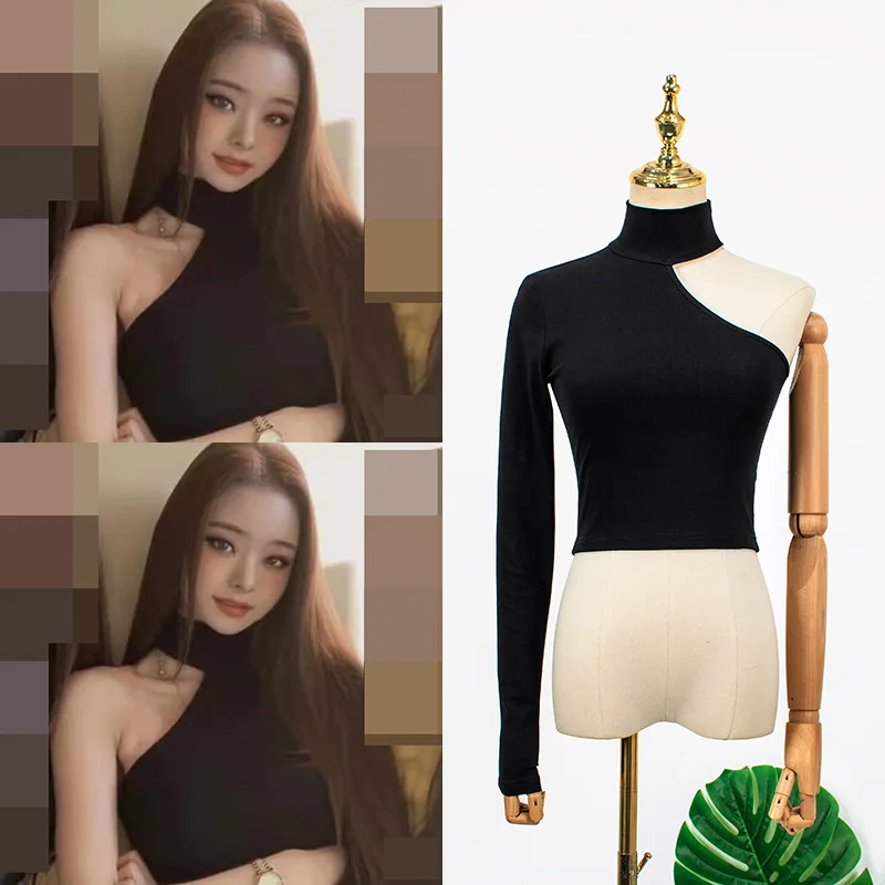 Kpop Корея жени дрехи дълъг ръкав мода твърда тениска секси тънък офис дама лято изрязани топ пуловер парти клуб тениска Изображение 0