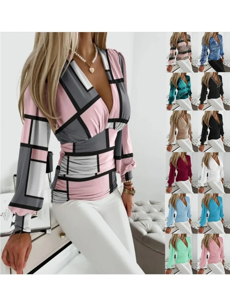 Мода Дамски есен дълъг ръкав V-образно деколте отпечатани геометрични жените риза случайни пътуване офис ол риза дамско облекло Изображение 0
