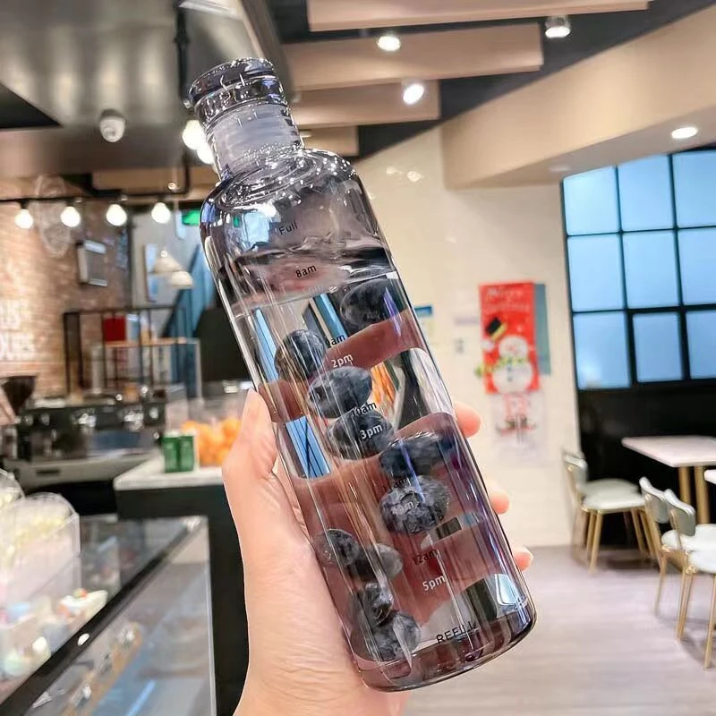 Най-новата чаша за вода Спортна бутилка за вода с времева скала Двойка Пластмасов преносим контейнер за вода Анти-капка външна бутилка за вода Изображение 3