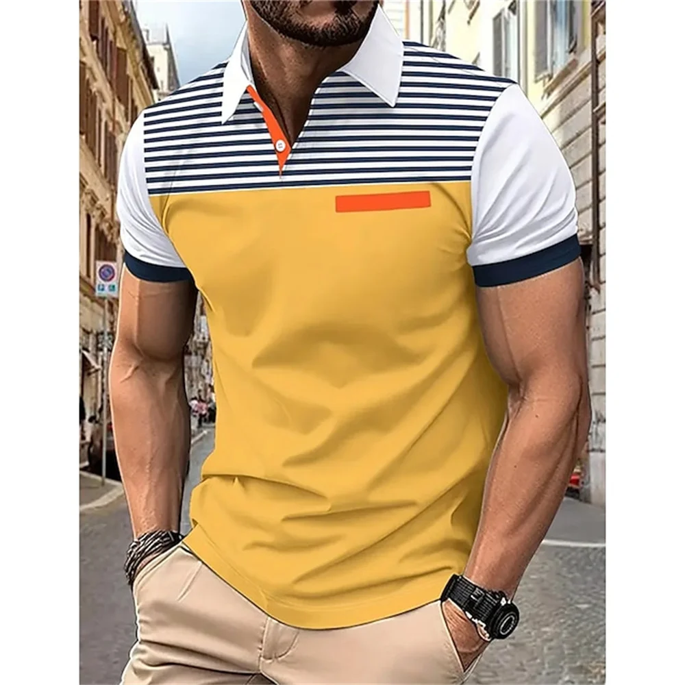 Райе поло риза за мъж мода мъжки къс ръкав риза голям размер бутон ревера тениска 3d графичен суитчър случайни мъжки чай Изображение 0
