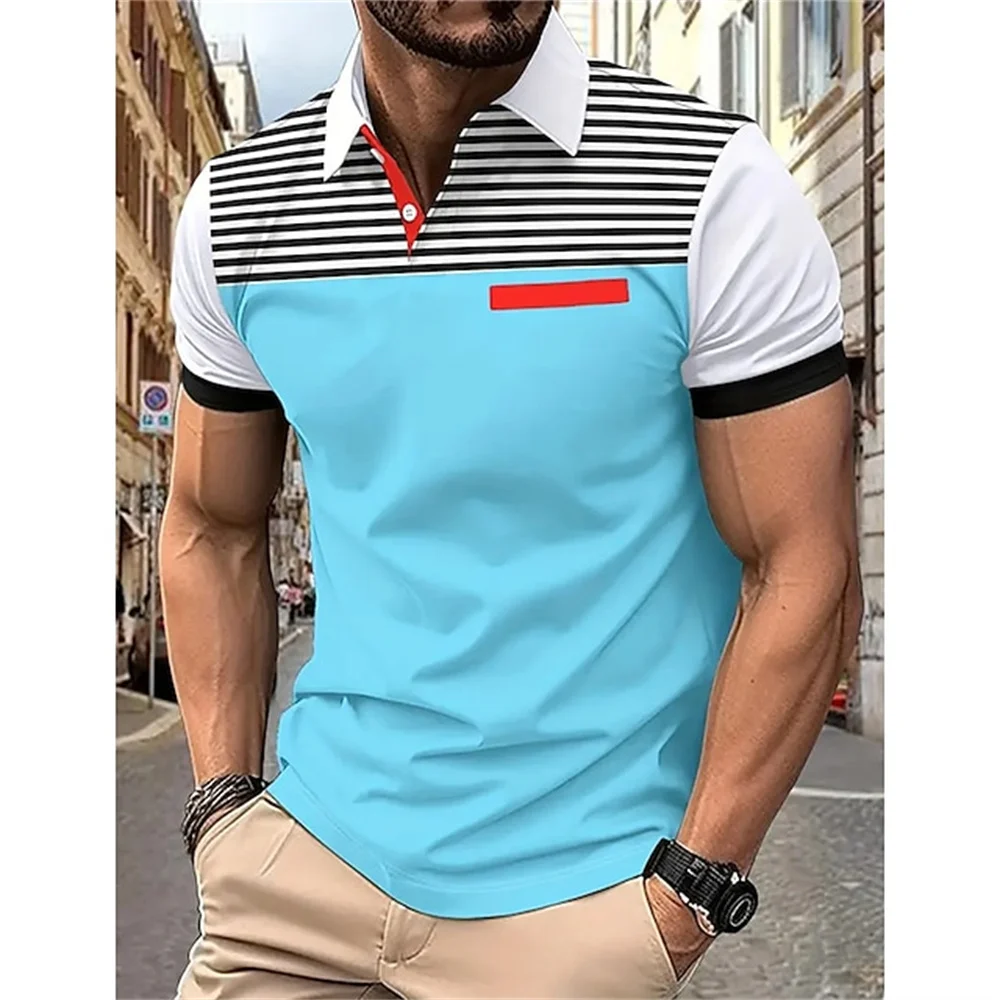 Райе поло риза за мъж мода мъжки къс ръкав риза голям размер бутон ревера тениска 3d графичен суитчър случайни мъжки чай Изображение 1