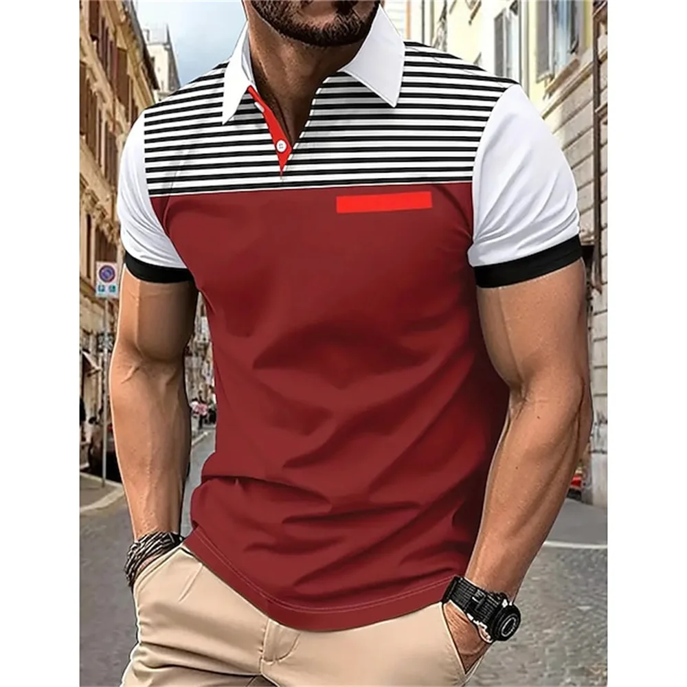 Райе поло риза за мъж мода мъжки къс ръкав риза голям размер бутон ревера тениска 3d графичен суитчър случайни мъжки чай Изображение 2