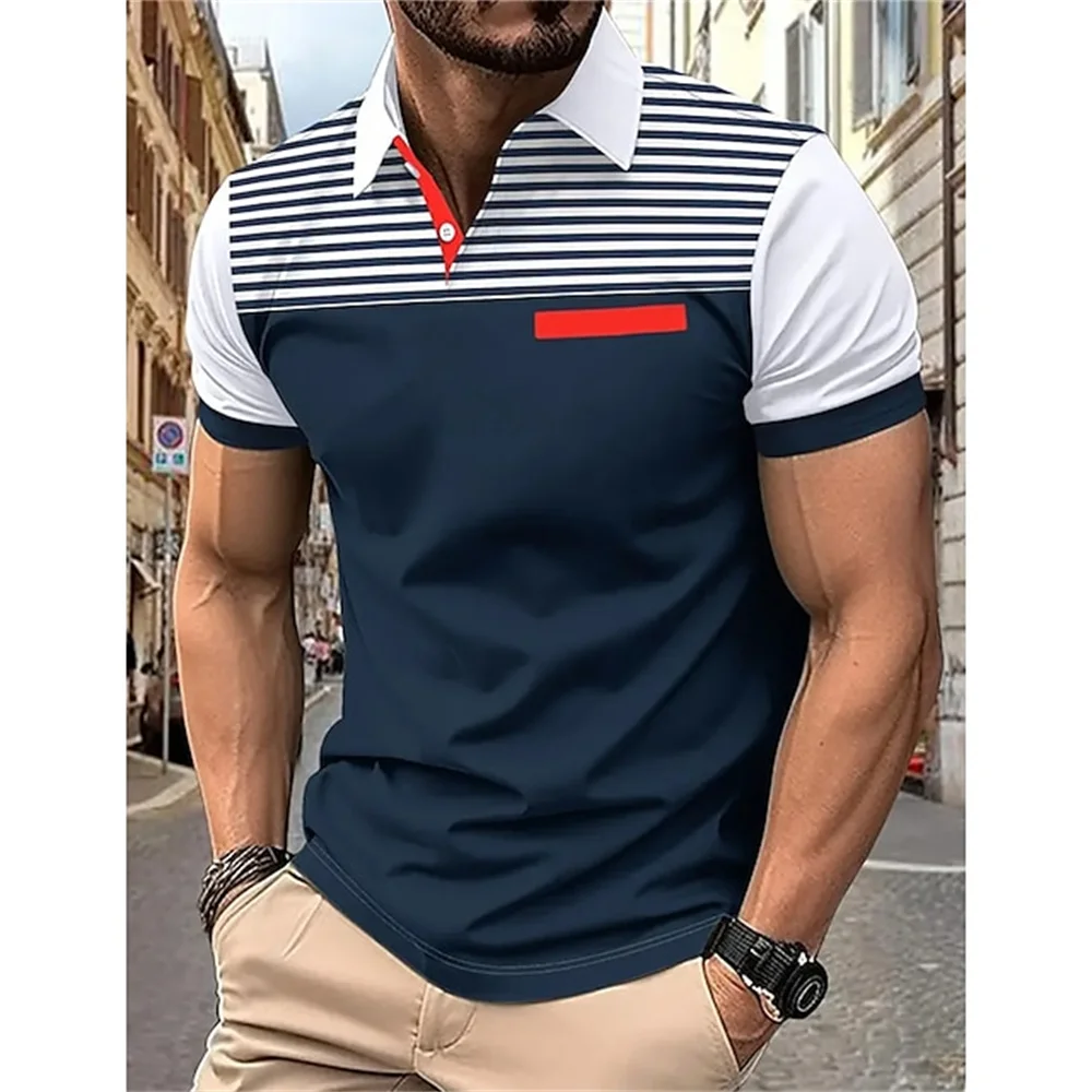 Райе поло риза за мъж мода мъжки къс ръкав риза голям размер бутон ревера тениска 3d графичен суитчър случайни мъжки чай Изображение 3