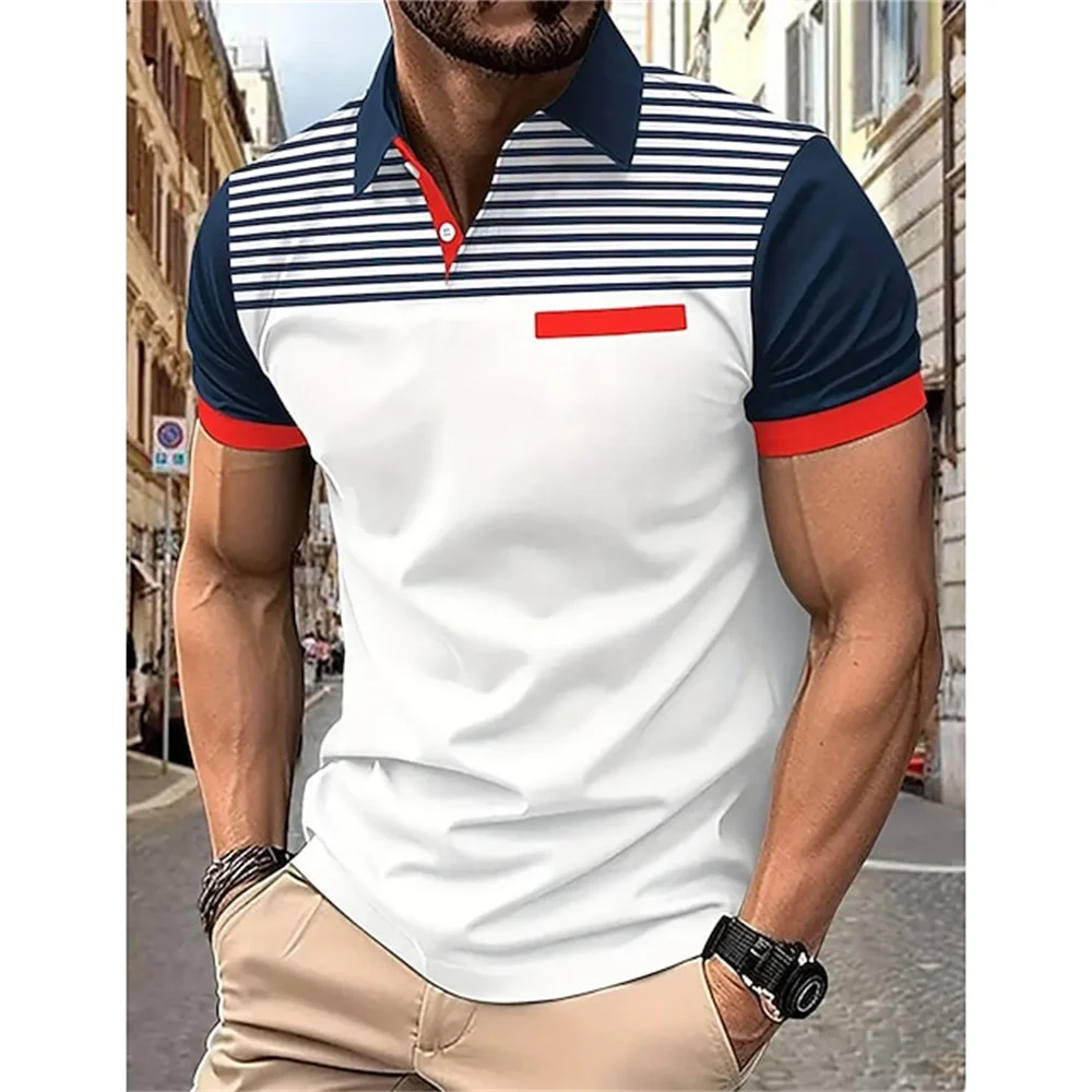 Райе поло риза за мъж мода мъжки къс ръкав риза голям размер бутон ревера тениска 3d графичен суитчър случайни мъжки чай Изображение 4