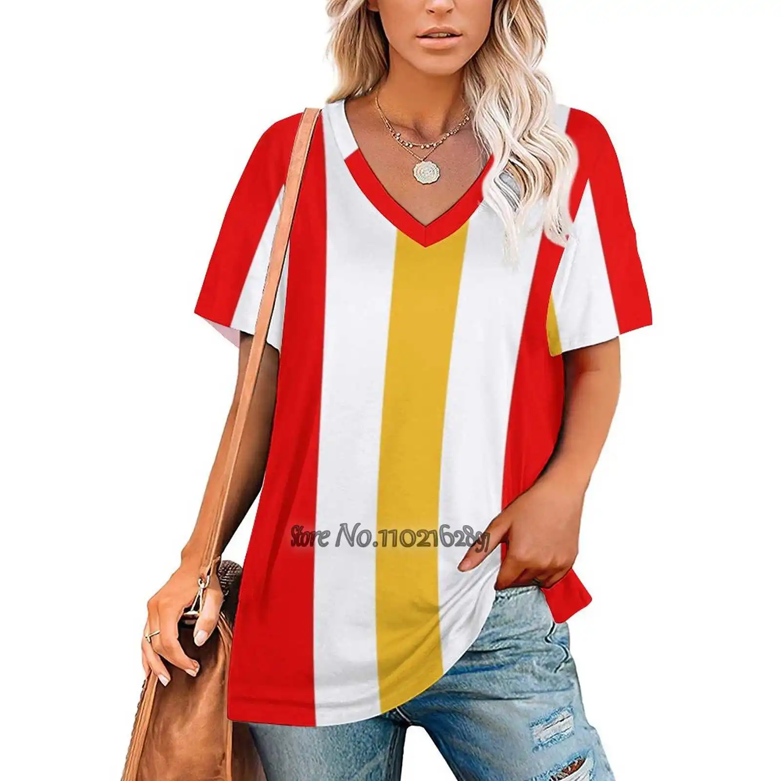 Ретро Американски футбол ивици Канзас червено бяло жълти жени тениска обратно връзване случайни къс ръкав върховете лято тройници американски Изображение 5