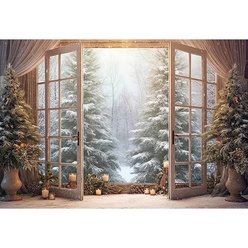 Фотография Фон Коледен декор Френски прозорец завеса Сняг Коледно дърво Прозорци Портретна фотография Фон Фото студио Изображение 2