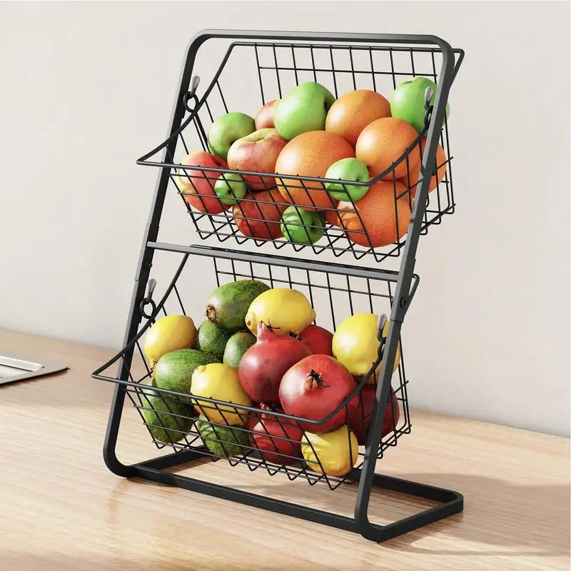 2 Tier кошница с плодове Метална стойка за съхранение на зеленчуци Кухненски плот Организатор Кошници с голям капацитет със здрава конструкция Изображение 0