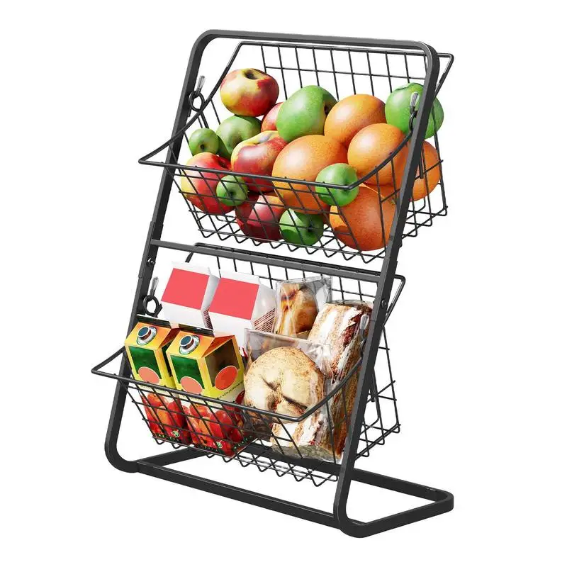 2 Tier кошница с плодове Метална стойка за съхранение на зеленчуци Кухненски плот Организатор Кошници с голям капацитет със здрава конструкция Изображение 4