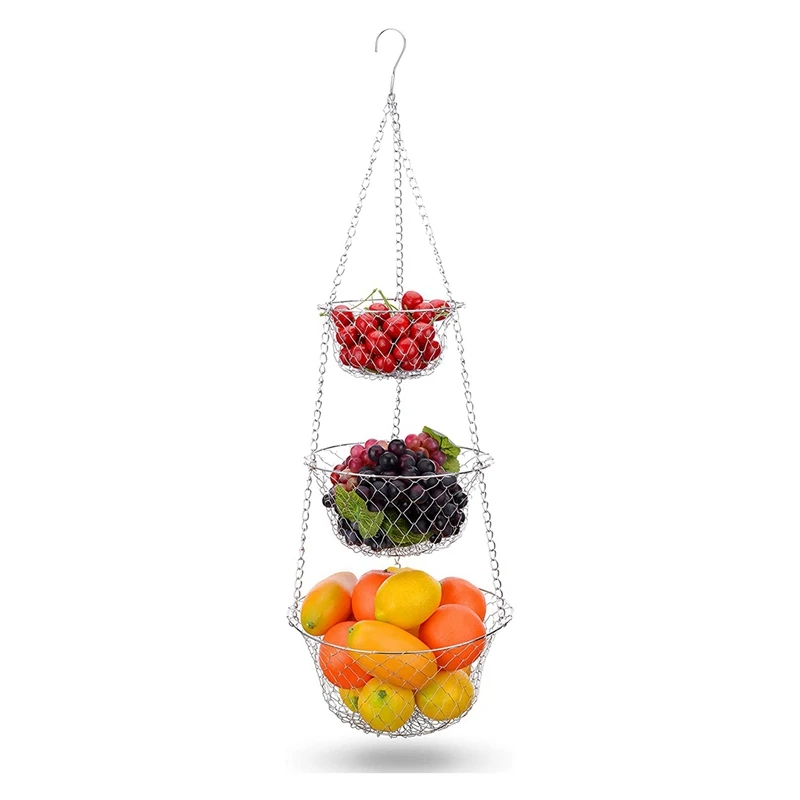 2X 3 Tier кошница с плодове, зеленчукова кухненска кошница за съхранение Верига Висящо пространство Спестяване на плодове, Кошница за съхранение на растения Изображение 5