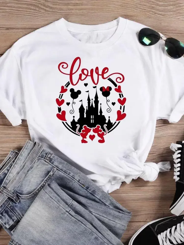 Fashion Bow Love Valentine Women T-shirt Cartoon Print Clothing Mickey Mouse T Shirt Casual Graphic Short Sleeve T-shirts Изображение 4