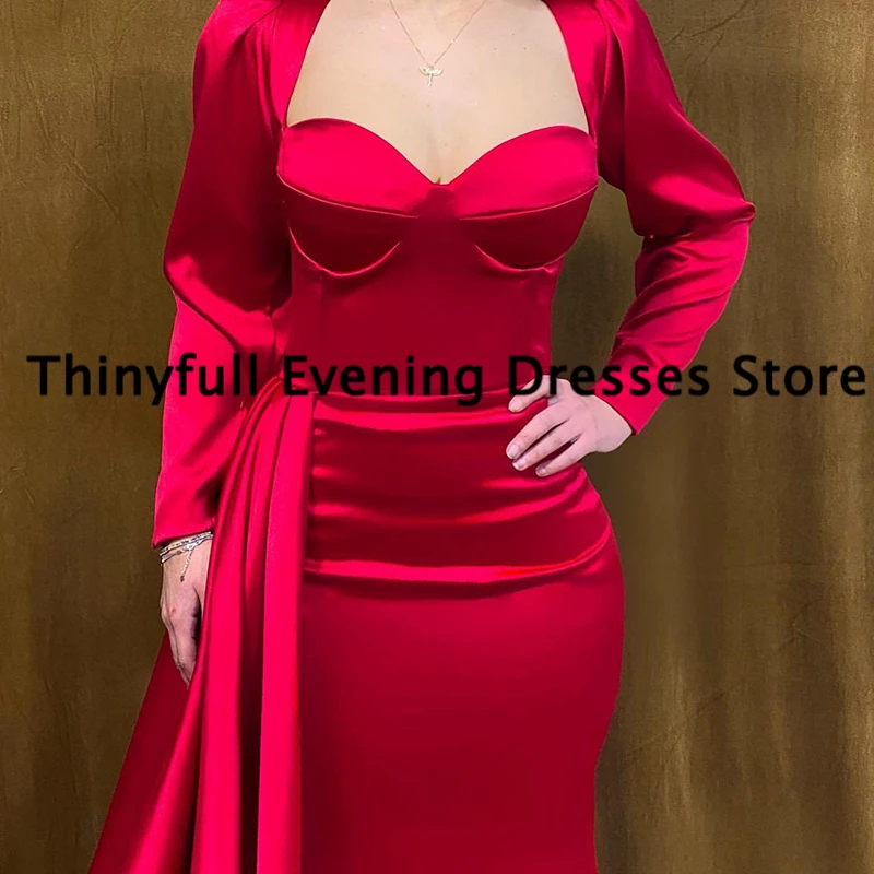 Thinyfull червен секси русалка абитуриентски рокли Скъпа вечерна рокля с дълъг ръкав Саудитска Арабия Дубай коктейл парти рокли по избор размер Изображение 1