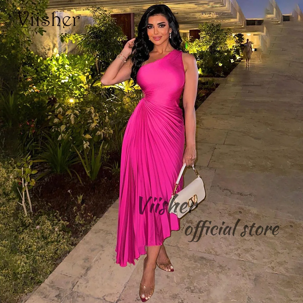 Viisher розова коприна сатен едно рамо абитуриентски парти рокли глезена дължина елегантен Дубай Саудитска Арабия официална вечерна рокля екипировки Изображение 0