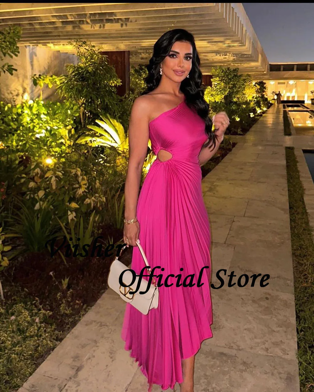 Viisher розова коприна сатен едно рамо абитуриентски парти рокли глезена дължина елегантен Дубай Саудитска Арабия официална вечерна рокля екипировки Изображение 1