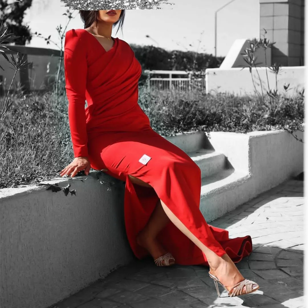 Елегантни дълги ръкави червени креп вечерни рокли с цепка русалка глезена дължина плисета официални парти рокли с къдри за жени Изображение 1