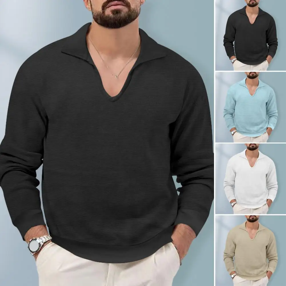Мъже Топ ревера V-образно деколте пуловер тениска тънък годни дълъг ръкав вафла текстура есен зима тениска улично облекло Изображение 0