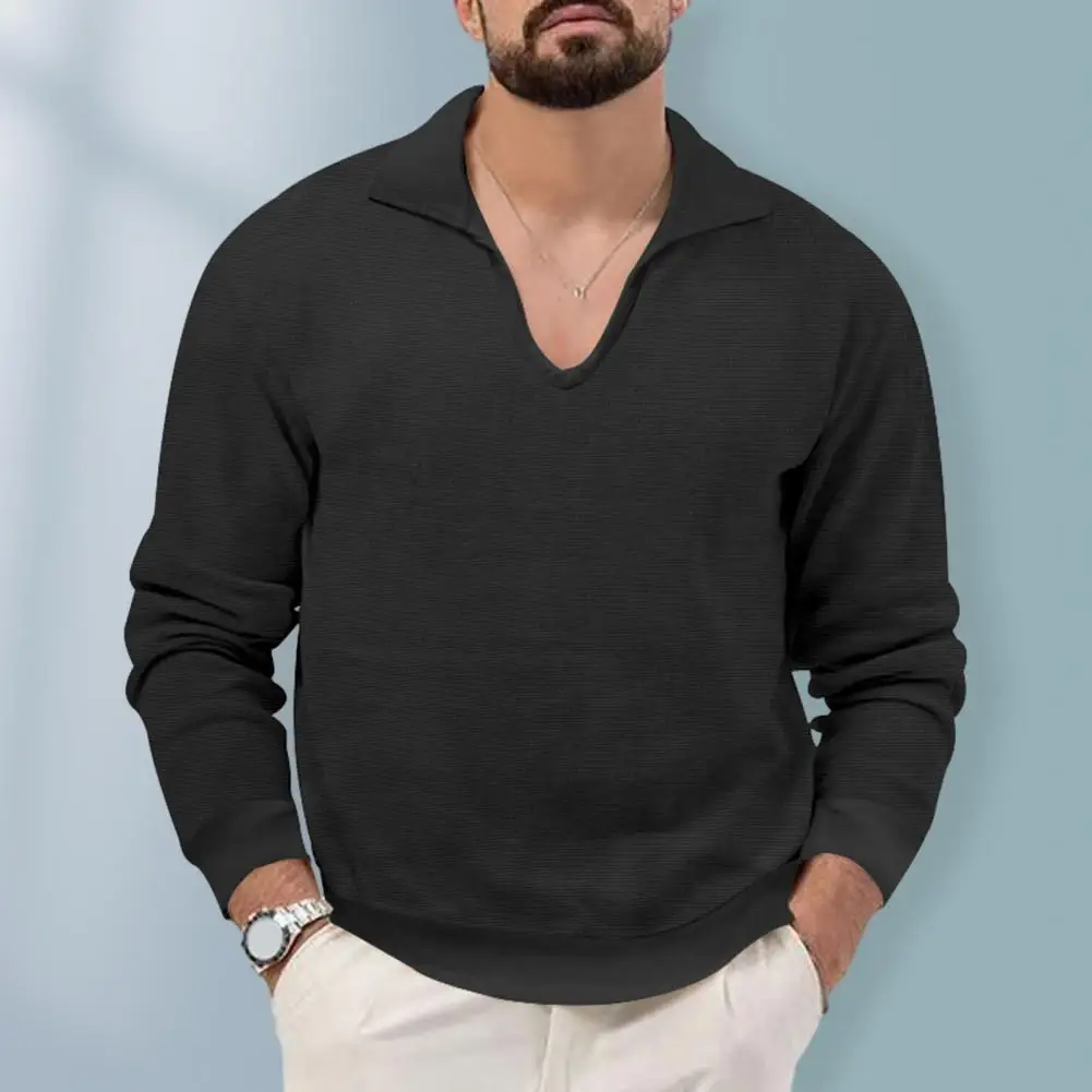 Мъже Топ ревера V-образно деколте пуловер тениска тънък годни дълъг ръкав вафла текстура есен зима тениска улично облекло Изображение 1