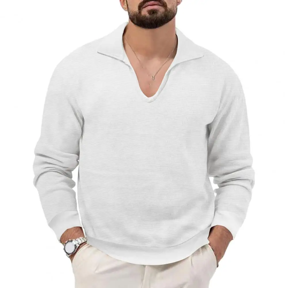 Мъже Топ ревера V-образно деколте пуловер тениска тънък годни дълъг ръкав вафла текстура есен зима тениска улично облекло Изображение 2
