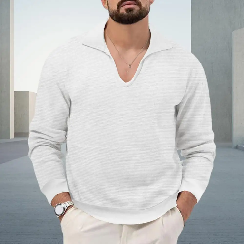Мъже Топ ревера V-образно деколте пуловер тениска тънък годни дълъг ръкав вафла текстура есен зима тениска улично облекло Изображение 3