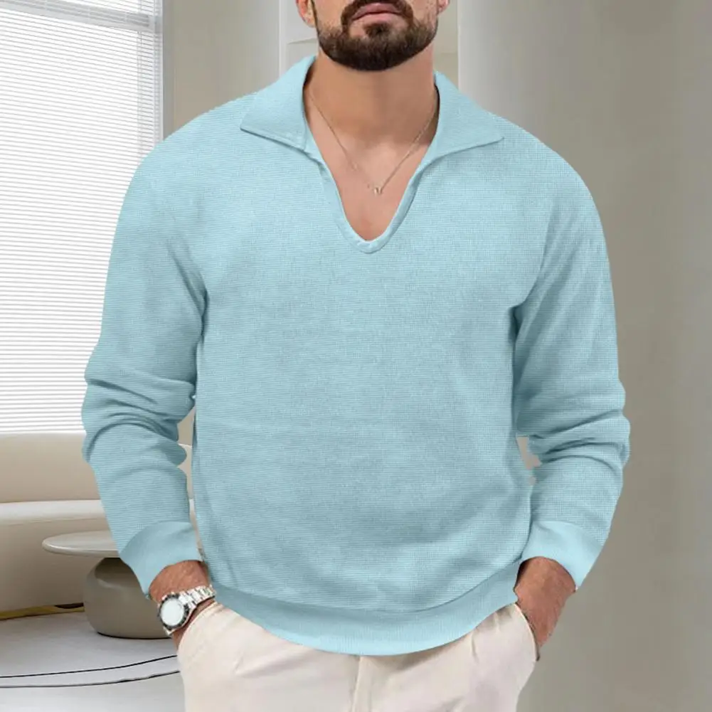 Мъже Топ ревера V-образно деколте пуловер тениска тънък годни дълъг ръкав вафла текстура есен зима тениска улично облекло Изображение 4