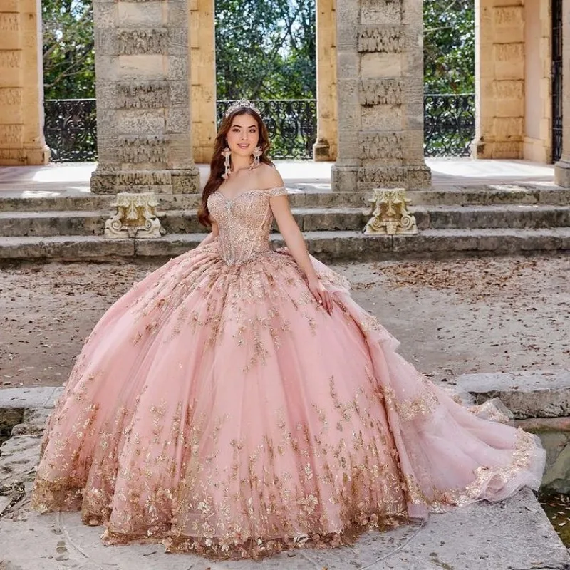 Розова рокля на quinceanera Абитуриентска рокля Сладка 15 рокля апликация мъниста пайети с подвижна опашка дипломиране парти принцеса рокля Изображение 0